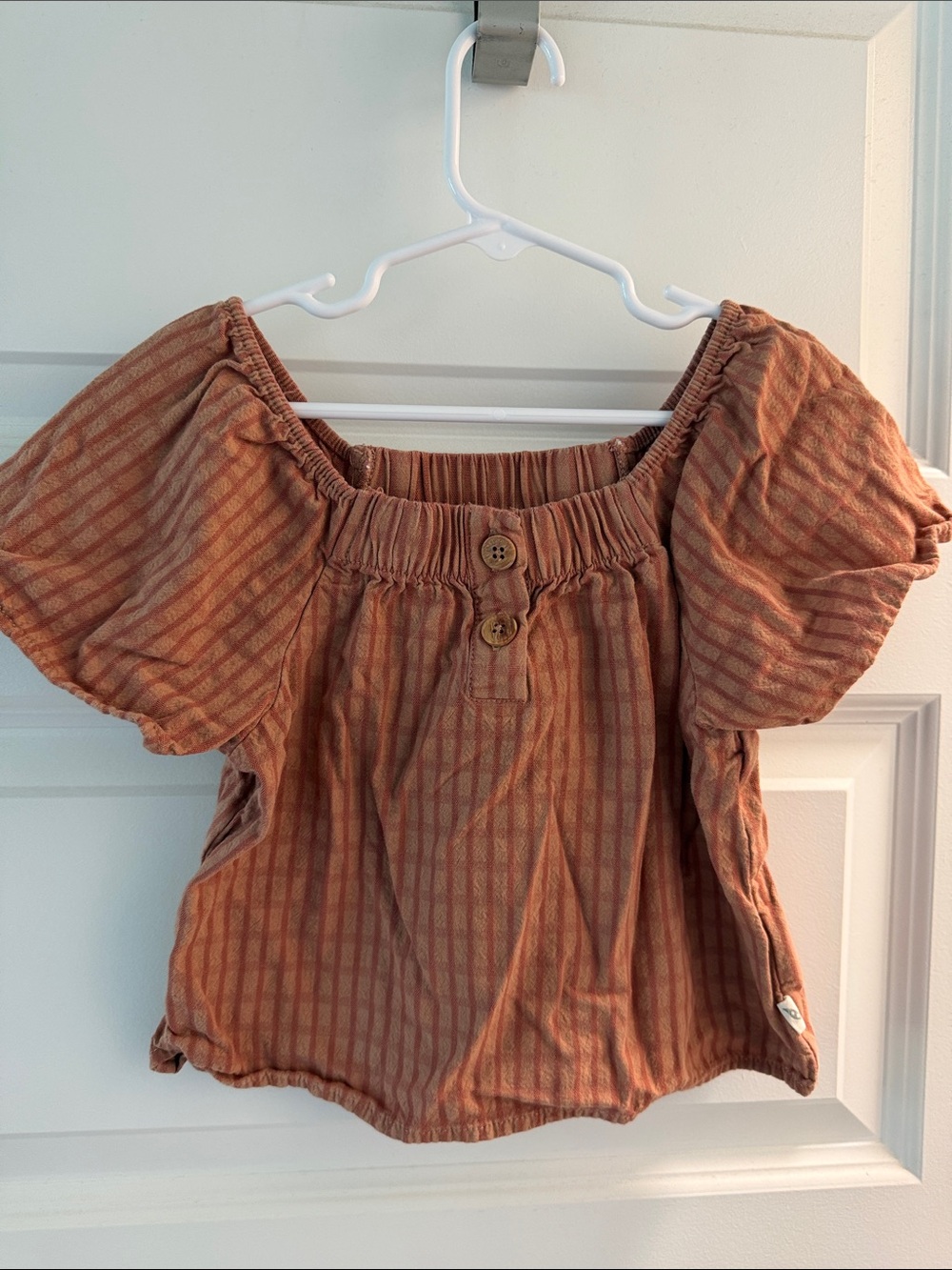 Girls Rust Orange Striped Puff-Sleeve Top